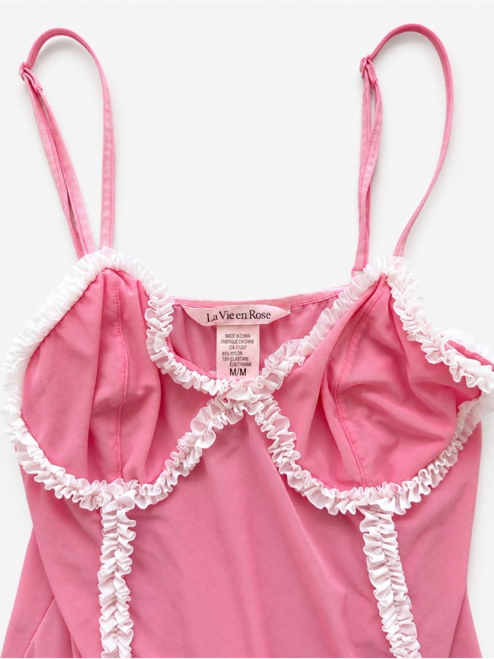 La Vie en Rose Pink Sheer Mesh Ruffle Trim Babydoll Camisole Top Medium - Picture 5 of 5